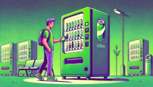 Illustration cartoon d'un homme achetant un soda dans un distributeur automatique, avec des couleurs dominantes vert et violet. Cette image illustre le concept de taxation des boissons sucrées et édulcorées, mettant en avant la consommation de sodas et leur accessibilité dans l’espace public.