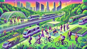 Illustration cartoon du concept de temps de trajet responsable (TTR), mettant en scène des employés utilisant des modes de transport durables comme le train, le vélo et le covoiturage dans un environnement urbain écologique. L'image aux dominantes vert et violet symbolise l'innovation et la durabilité du travail responsable.