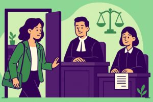 Illustration cartoon représentant une salariée quittant son lieu de travail pour exercer ses fonctions de conseillère prud’homale, symbolisant le congé pour l’exercice des fonctions prud'homales.