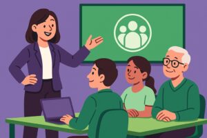 Illustration cartoon d’une scène de réunion symbolisant le congé pour l'exercice de responsabilités associatives, avec une présentatrice en violet devant un tableau vert et des participants en tenue verte.