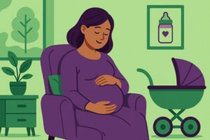 Illustration cartoon d'une femme enceinte assise dans un fauteuil, symbolisant le congé maternité dans un environnement serein et familial, avec des tons verts et violets.