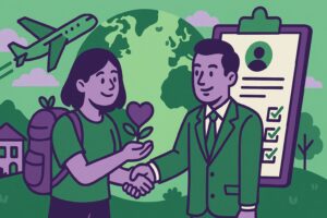 Illustration cartoon représentant le congé de solidarité internationale : une femme avec un sac à dos serre la main d’un employeur devant un globe, symbolisant une mission humanitaire à l’étranger.