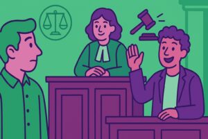 Illustration cartoon d’une scène de tribunal représentant le congé pour témoin, juré d’assises ou citoyen assesseur, avec des personnages stylisés dans un décor judiciaire aux tons verts et violets.