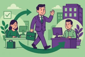 Illustration cartoon représentant la mobilité volontaire sécurisée, avec un salarié passant d’une entreprise à une autre, symbolisant la suspension temporaire de son contrat de travail.