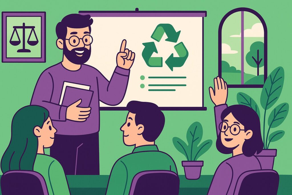 Illustration cartoon d'une session de formation dans le cadre du CFESES (Congé de formation économique, sociale, environnementale et syndicale), montrant un formateur devant un petit groupe de salariés dans une salle aux tons verts et violets.