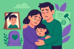 Illustration en style cartoon représentant une famille endeuillée dans le cadre d’un congé de deuil parental, avec des éléments symbolisant la perte d’un enfant et le cadre juridique associé.