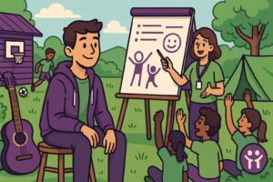 Illustration cartoon représentant une session de formation dans un camp de jeunesse, avec des jeunes en tenue verte et violette participant à des activités pédagogiques, symbolisant le Congé de formation de cadres et d'animateurs pour la jeunesse.