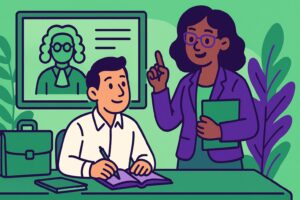 Illustration cartoon représentant une scène de formation pour le congé de formation des conseillers prud'homaux, avec un salarié attentif et une formatrice expliquant devant un écran affichant un juge.