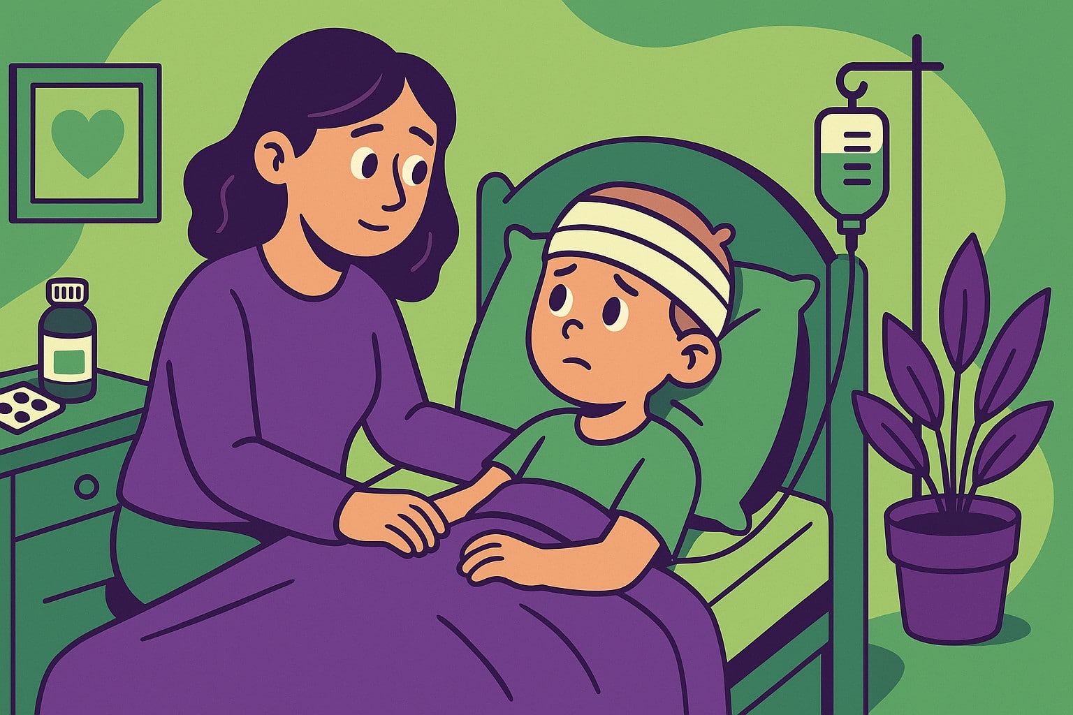 Illustration en style cartoon d’une mère aux côtés de son enfant malade dans une chambre, symbolisant le congé de présence parentale.