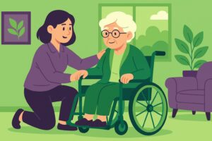 Illustration en style cartoon représentant une scène de soutien entre un salarié et une personne âgée en fauteuil roulant, symbolisant le Congé de proche aidant.