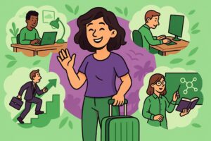 Illustration cartoon représentant différents types de congés pour convenance personnelle, avec une femme en tenue décontractée tenant une valise, entourée de scènes illustrant le congé sabbatique, le congé sans solde, la mobilité volontaire sécurisée et le congé d’enseignement ou de recherche.