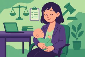 Illustration cartoon d’une mère en période d’allaitement dans un bureau, tenant son bébé dans ses bras, avec des symboles juridiques en arrière-plan.
