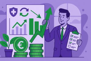 Illustration cartoon d’un professionnel expliquant les nouveaux taux de cotisations 1er mai 2025, avec une calculatrice, une fiche de calcul et une courbe ascendante en arrière-plan.