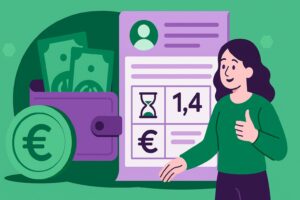 Illustration cartoon représentant le concept de 1,4 SMIC en gestion de la paie, avec une femme souriante, un portefeuille rempli d'euros, une pièce avec le symbole €, et une fiche de paie affichant "1,4" et un sablier.