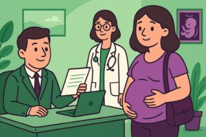 Illustration cartoon d’une salariée enceinte discutant avec son employeur et une médecin, représentant le droit aux absences pour examens médicaux obligatoires de grossesse pendant le temps de travail.