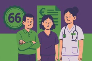 Illustration cartoon de trois professionnels du secteur social et médico-social avec des éléments visuels évoquant la Convention Collective 66 et la grille de salaires en 2025.