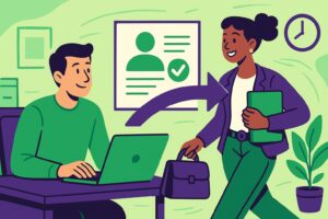 Illustration cartoon représentant deux salariés dans un bureau, symbolisant une reconversion professionnelle dans le cadre du Projet de Transition Professionnelle (PTP).