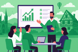 Formation Silae dans le Grand Est avec Anthony Roca expliquant le logiciel à un groupe de professionnels, en arrière-plan Strasbourg et des monuments emblématiques de la région Grand Est