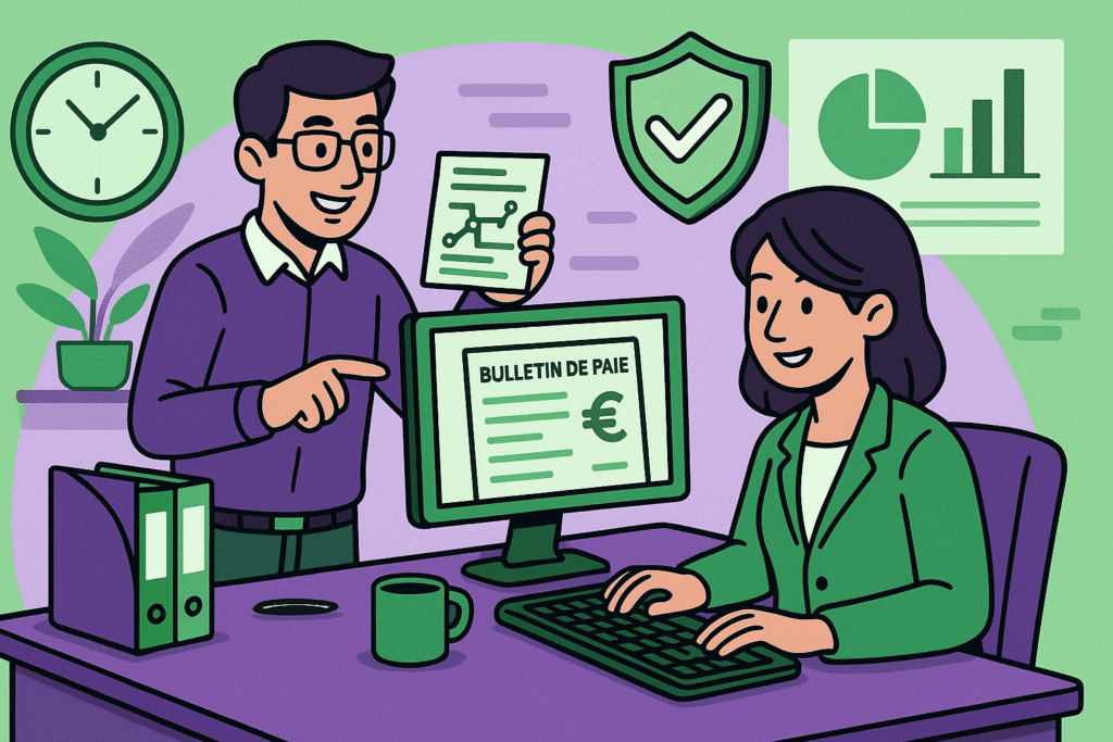 Consultant Silae accompagnant une gestionnaire de paie sur le logiciel avec écran affichant un bulletin
