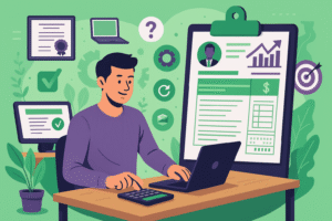 Illustration colorée et moderne représentant une formation gestionnaire de paie, avec des participants en formation et un formateur expliquant un document de paie.