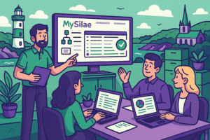 Illustration cartoon d’une formation Silae en Bretagne avec formateur et cabinet comptable en arrière-plan breton (littoral, phare, château)