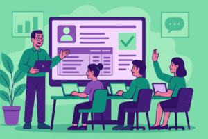 Session de formation Silae en présentiel avec formateur et participants travaillant sur le logiciel de paie dans un cadre professionnel