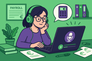 Femme écoutant le meilleir podcast sur la paie celui de la paie facile à son bureau, avec casque vert et ordinateur portable, dans un univers aux tons verts et violets.