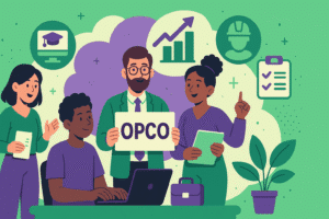 Illustration cartoon représentant les 11 OPCO en France en 2025 par secteur d'activité