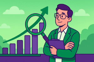 Illustration cartoon verte et violette montrant un analyste étudiant la progression d’un graphique représentant l’indice Syntec.