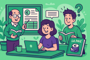 Illustration cartoon d’un apprentissage de la paie avec des livres, représentant le meilleur livre pour apprendre la paie en 2025.