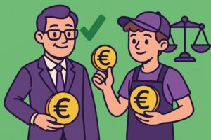 Illustration cartoon représentant un salarié adolescent et un employeur tenant des pièces en euros, symbolisant le Smic mineur en 2025.