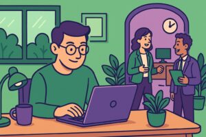Illustration cartoon d’un professionnel en télétravail à temps partiel, travaillant depuis chez lui sur un ordinateur portable, tandis que des collègues échangent au bureau en arrière-plan.