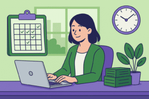 llustration d’une salariée en contrat à temps partiel, travaillant sur ordinateur avec planning hebdomadaire, dans un bureau aux tons verts et violets.