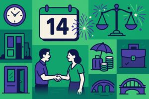 Illustration cartoon en vert et violet représentant le 14 juillet férié, entre fête nationale, travail et gestion de la paie.