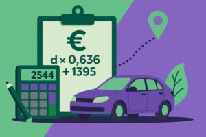 Illustration en style cartoon représentant le calcul du barème kilométrique 2025 avec une voiture, une calculatrice et une feuille de route.