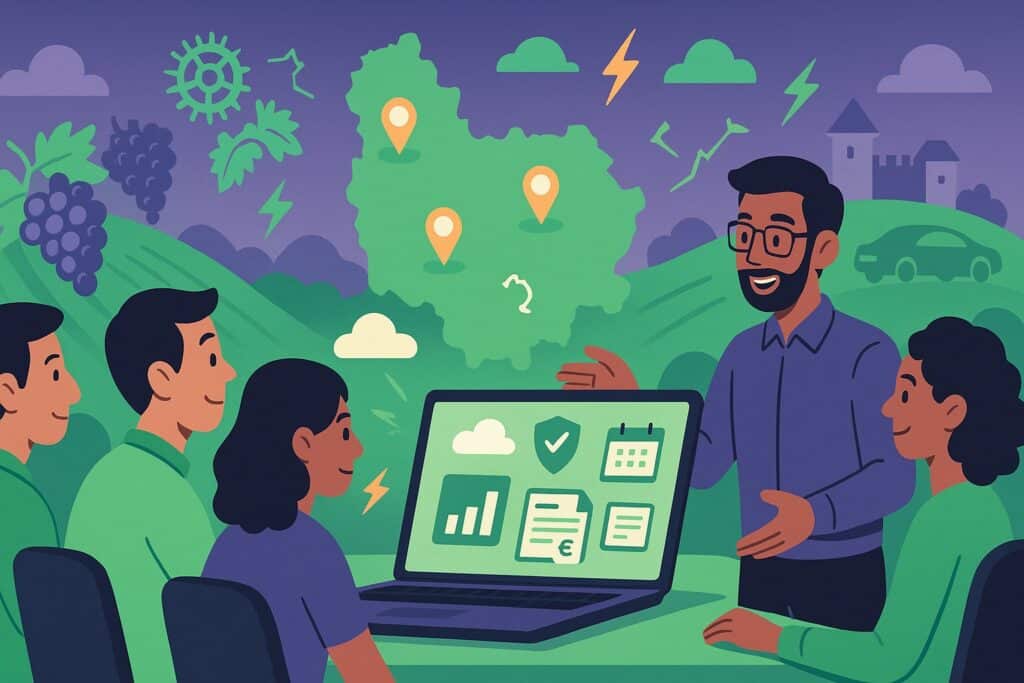 Formation Silae Bourgogne-Franche-Comté : illustration cartoon d’un formateur animant une session devant un laptop (icônes paie, DSN, calendrier), carte régionale et vignobles en vert et violet.