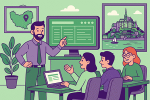 Illustration d'une formation Silae en Normandie dans un cabinet comptable, avec un formateur expliquant le logiciel à une équipe à Rouen, Caen ou Cherbourg