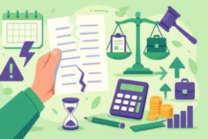 Illustration cartoon vert/violet de la prise d'acte de la rupture du contrat de travail : contrat déchiré, balance, marteau du juge, calculatrice, pièces et sablier, évoquant motifs, conséquences et calcul des indemnités (2025).