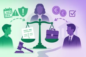 Illustration cartoon 16:9 en vert et violet représentant la résiliation judiciaire du contrat de travail, avec balance de la justice, salarié et employeur.