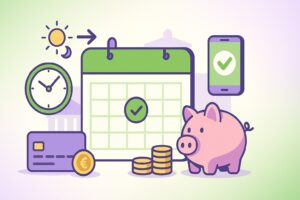 Illustration cartoon en vert et violet du calendrier de versement du RSA : calendrier, horloge, smartphone, tirelire et pièces, symbolisant le planning des paiements CAF 2025.