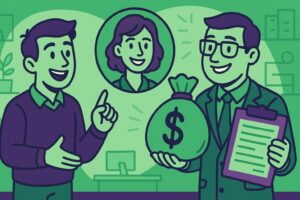 Illustration cartoon sur la prime de cooptation montrant un salarié recommandant un candidat et recevant une récompense.