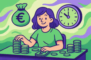 Illustration cartoon sur le Smic 10 h montrant une horloge et des billets stylisés sur fond vert et violet 