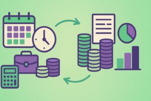 Illustration cartoon vert et violet sur le smic 12 h montrant calendrier, horloge, pièces, fiche de paie et graphiques pour la méthode de calcul brut/net.