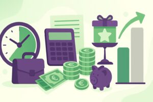 Illustration cartoon vert et violet sur le smic 25h : horloge, pièces, calculatrice, tirelire et graphique pour expliquer brut/net et calcul 2025.