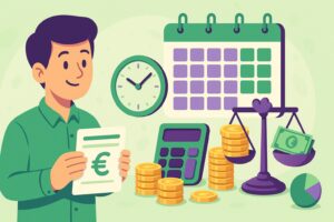 Smic 32 h : illustration cartoon d’un salarié, calendrier, calculatrice, pièces et balance symbolisant calcul brut/net et heures complémentaires.