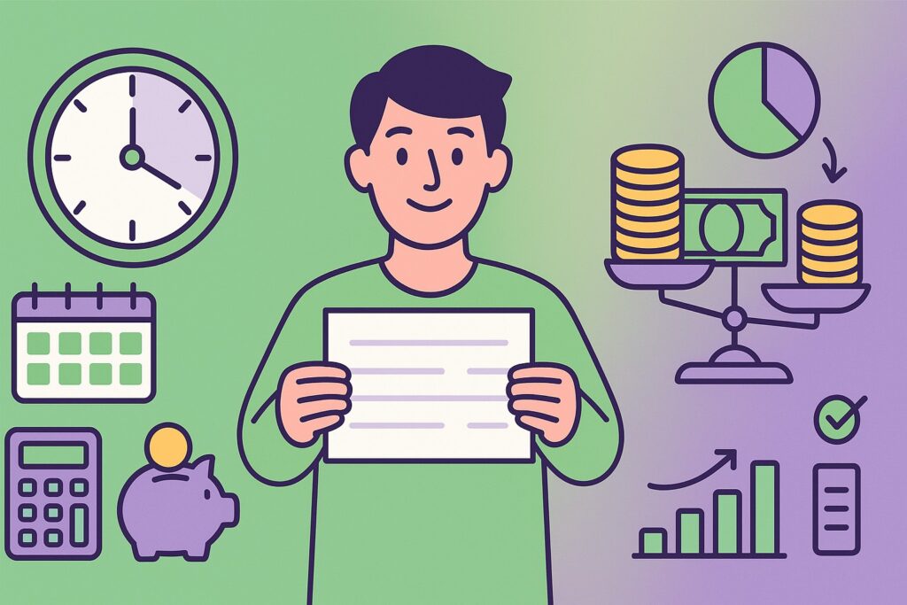 Illustration cartoon vert et violet sur le smic pour 30h par semaine : salarié tenant une fiche de paie, horloge, calendrier, pièces et balance.