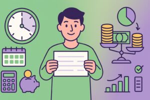 Illustration cartoon vert et violet sur le smic pour 30h par semaine : salarié tenant une fiche de paie, horloge, calendrier, pièces et balance.