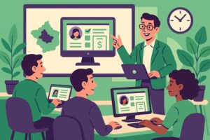 Illustration cartoon représentant une formation Silae Centre-Val de Loire, avec des professionnels de la paie travaillant en équipe dans un cadre moderne et coloré.