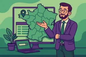 Illustration cartoon représentant un formateur présentant une carte de la France pour promouvoir la formation Silae en France, avec des tons verts et violets.