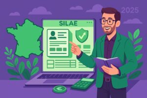 Illustration cartoon d’une session de formation Silae Pays de la Loire animée par un formateur, avec un ordinateur, une carte de la France et des éléments de paie en vert et violet.